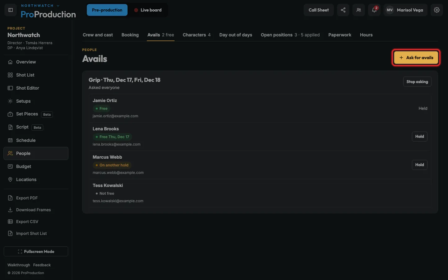 The Avails page with Ask for avails outlined