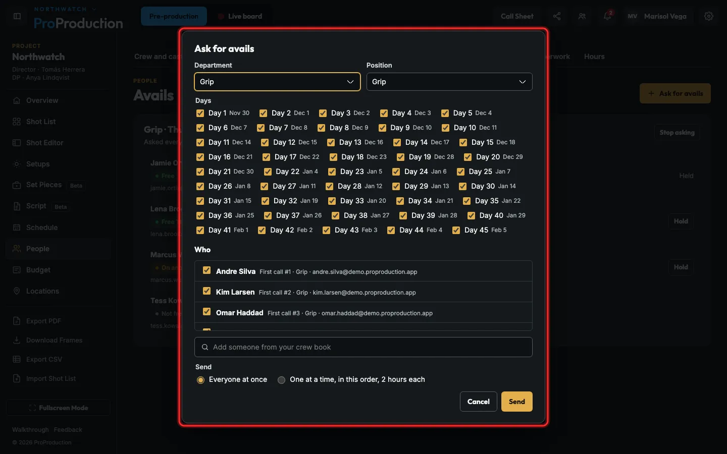 The Ask for avails dialog outlined, with the position, days, people and how to send