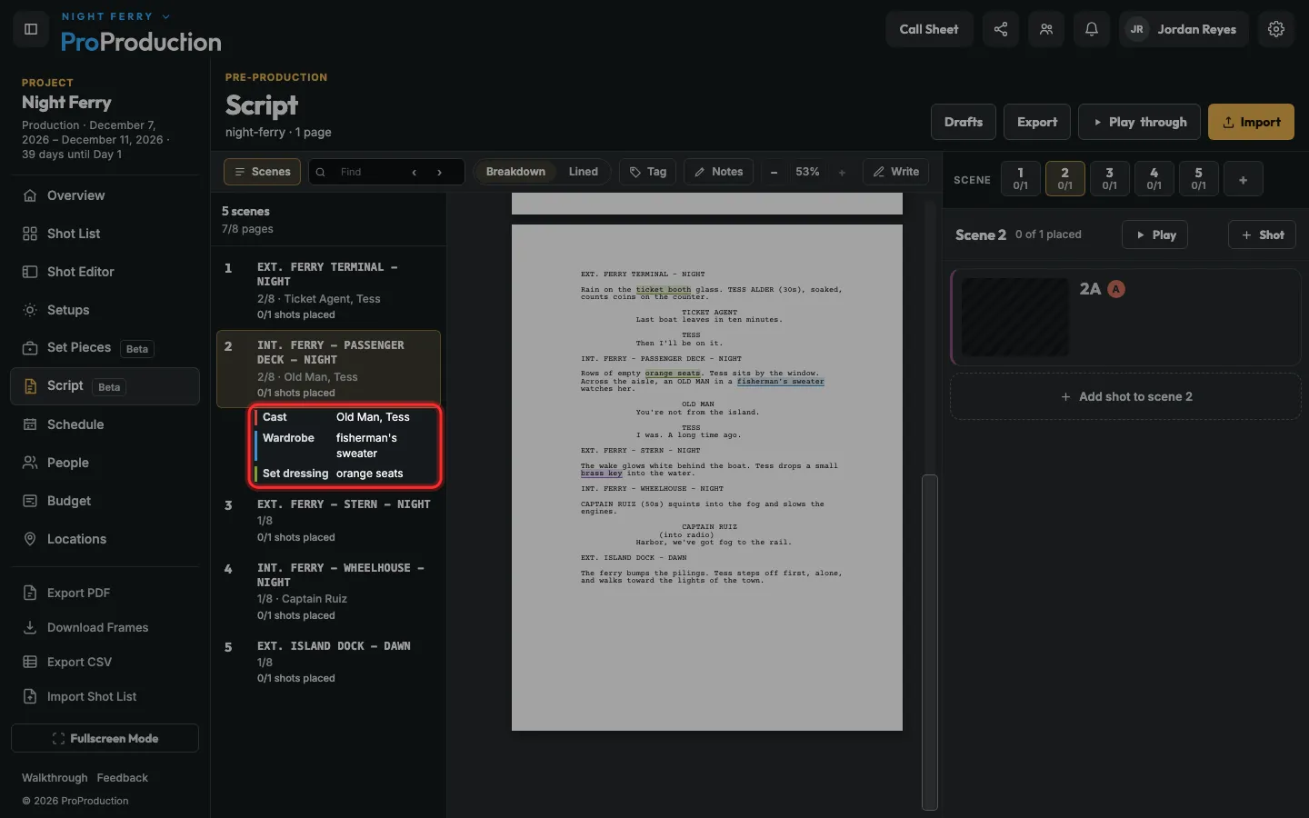 A scene’s breakdown listing its cast, wardrobe, props and set dressing, outlined