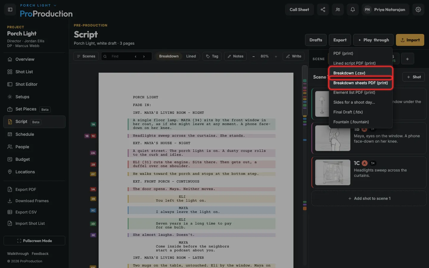 The Export menu with the breakdown choices outlined
