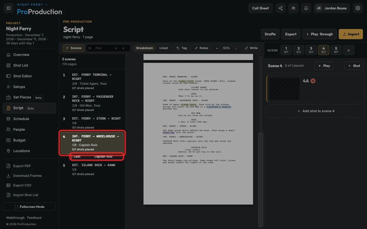 The scene list with one scene open and its breakdown outlined