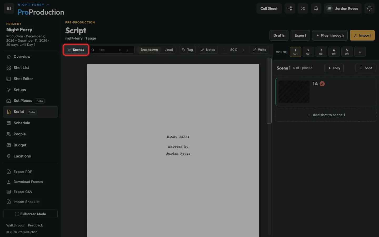 The Script page with the Scenes button outlined
