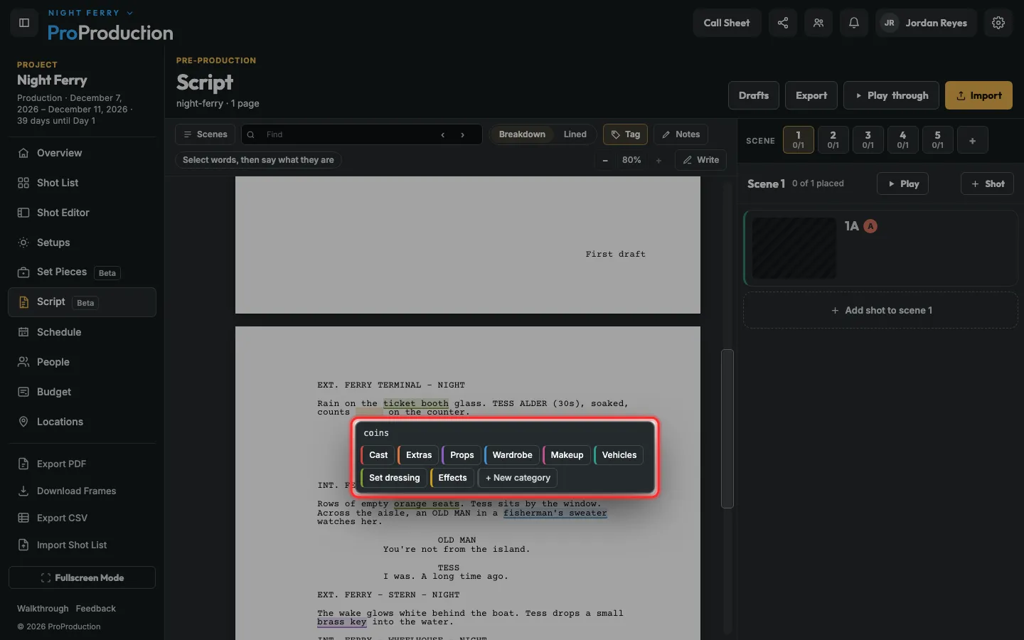 A few words selected in the script, with the category choices outlined