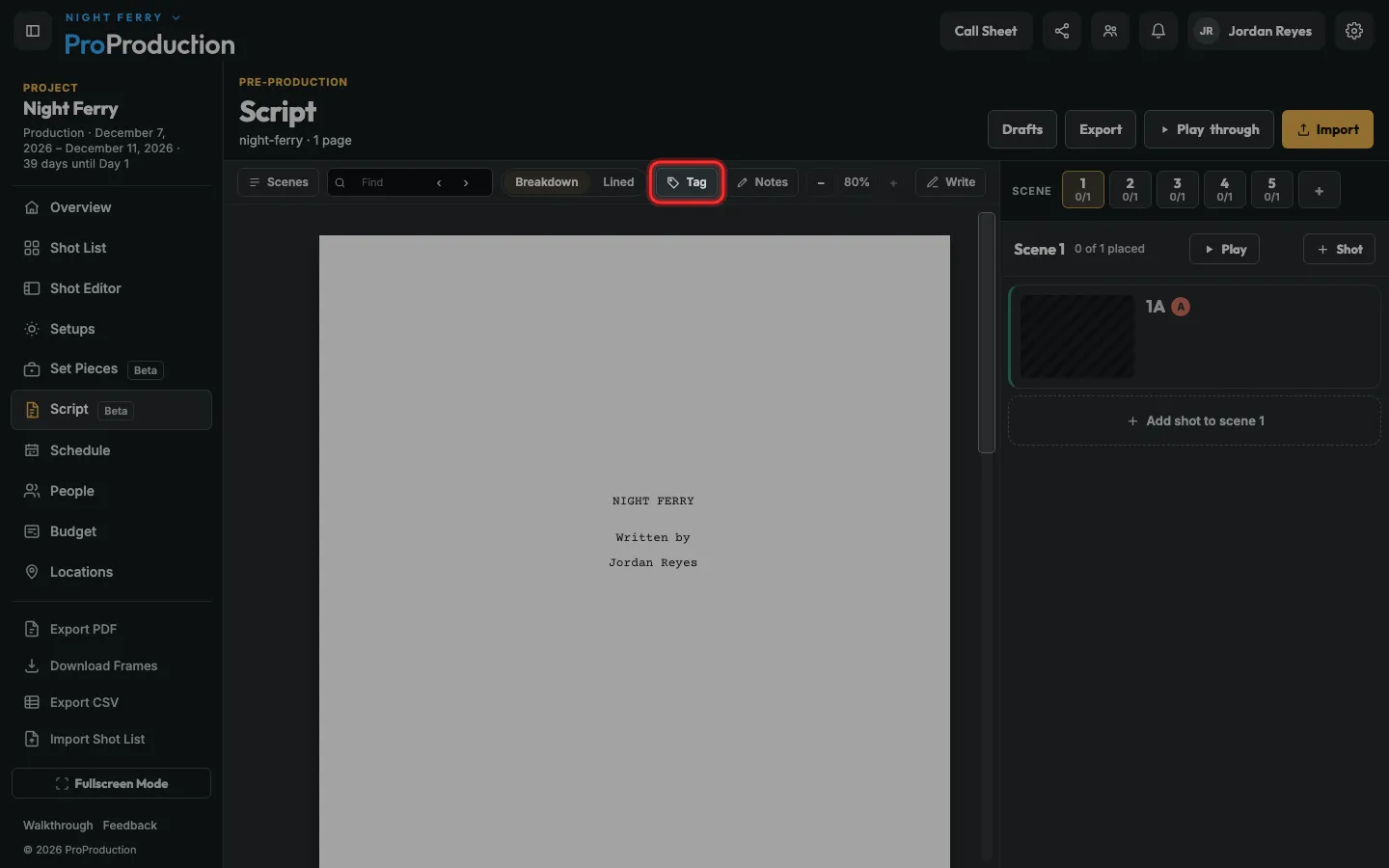 The Script toolbar with Tag outlined