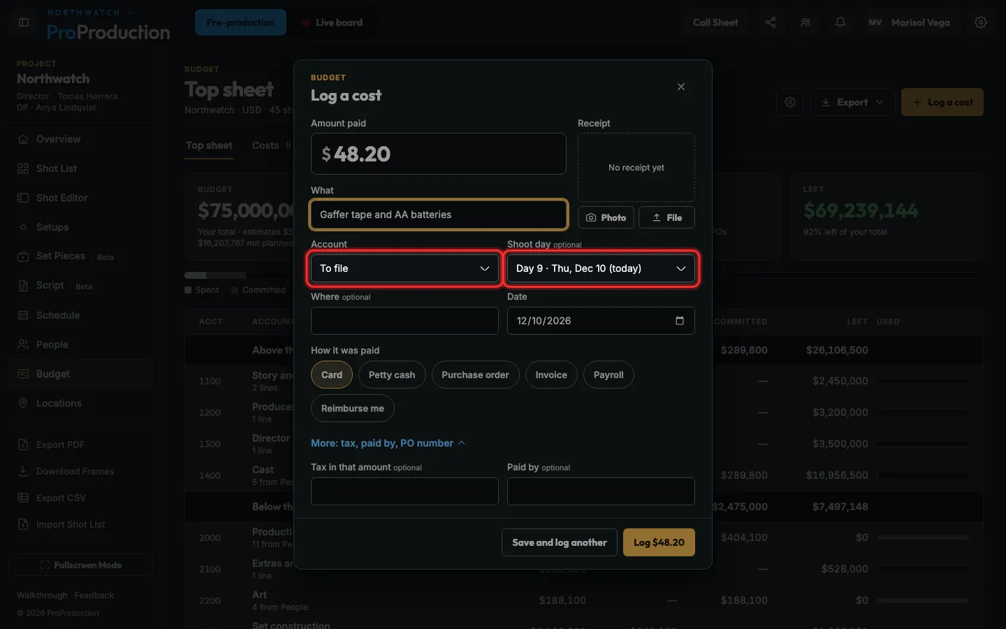 The Log a cost dialog with the account and day outlined