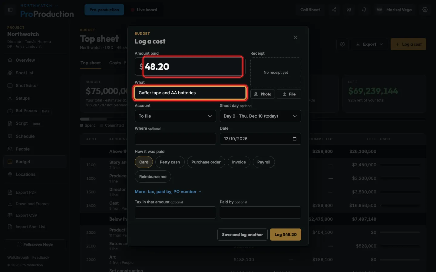 The Log a cost dialog with the amount and description outlined