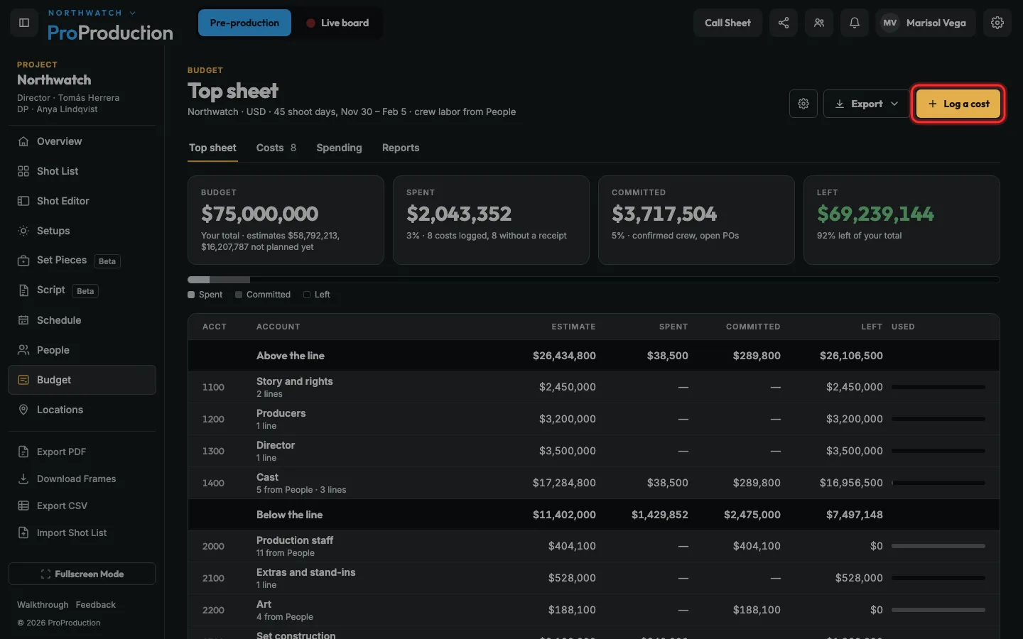 The budget top sheet with Log a cost outlined