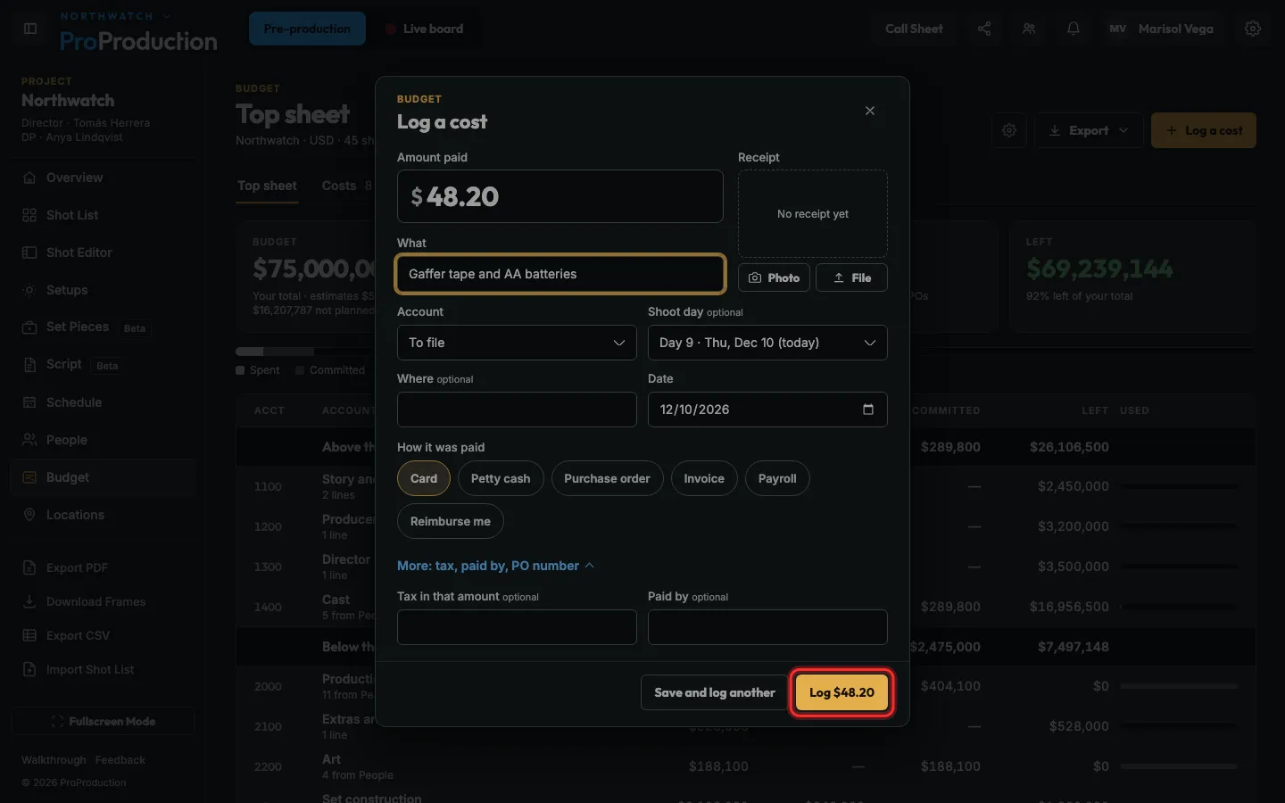 The Log a cost dialog with the save button outlined