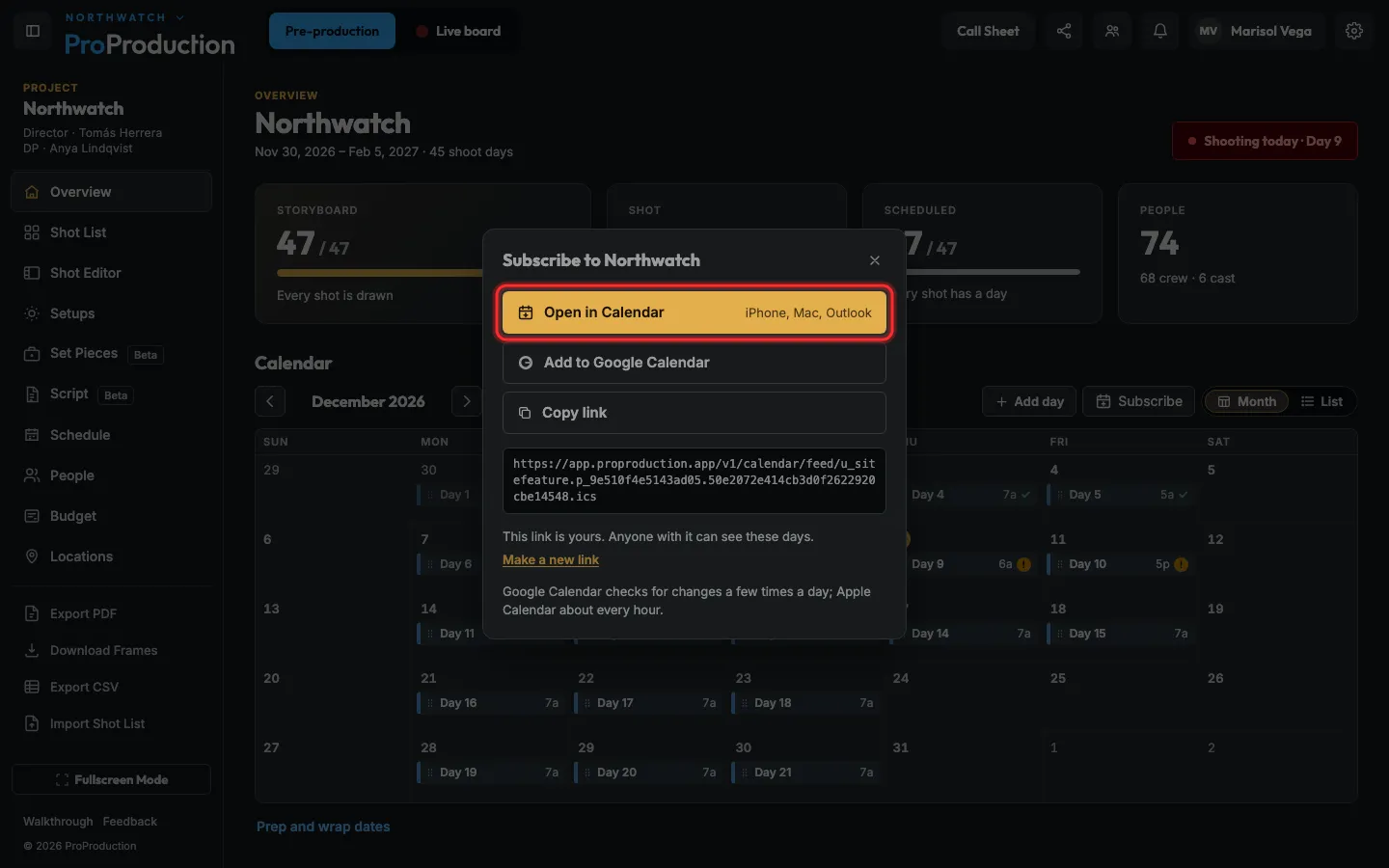 The Subscribe dialog with Open in Calendar outlined
