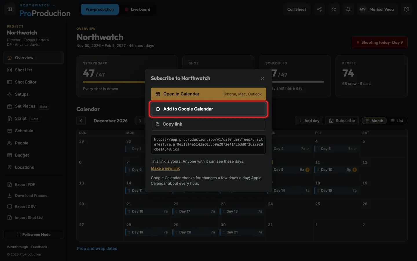 The Subscribe dialog with Add to Google Calendar outlined