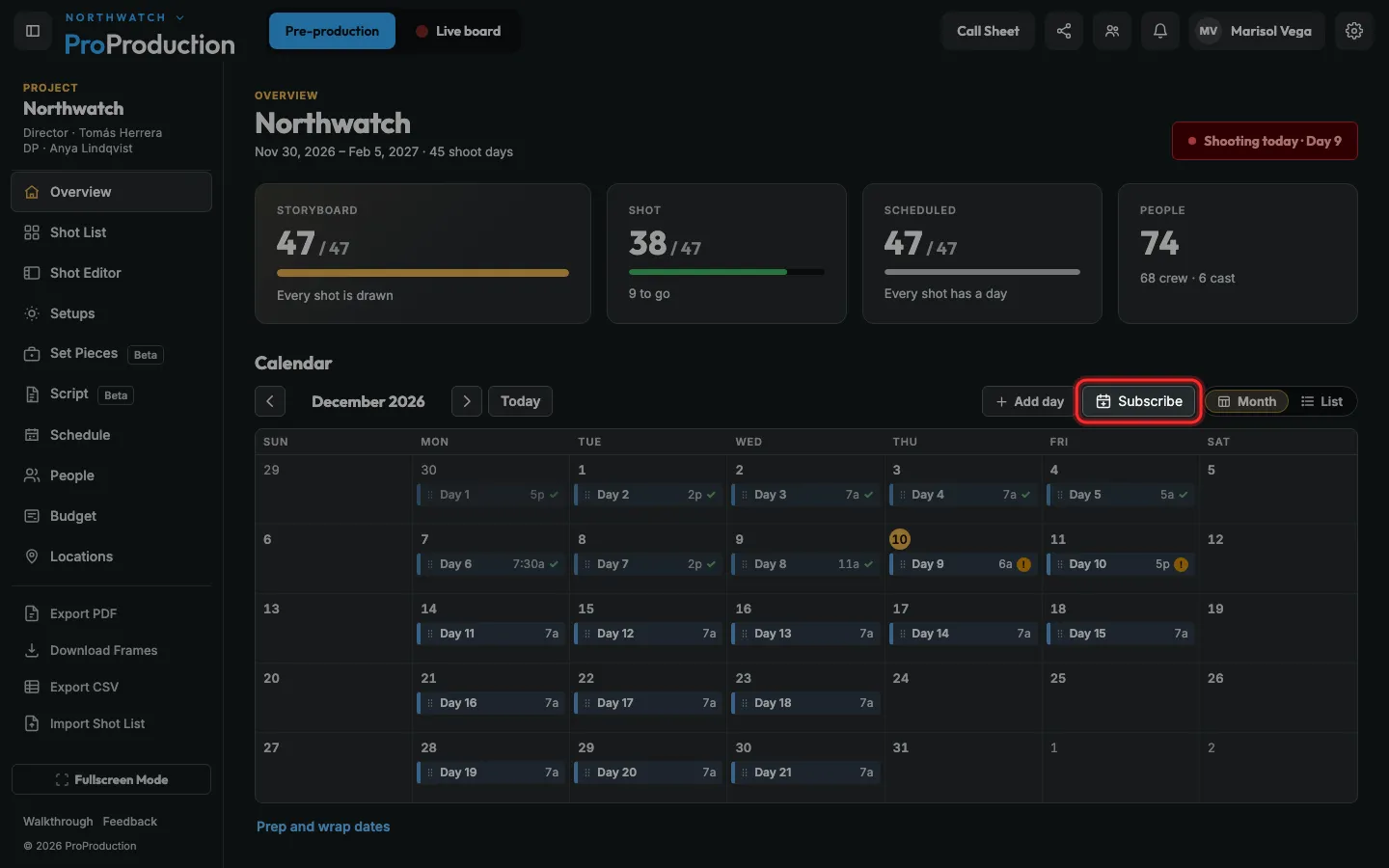 The project overview’s calendar with Subscribe outlined