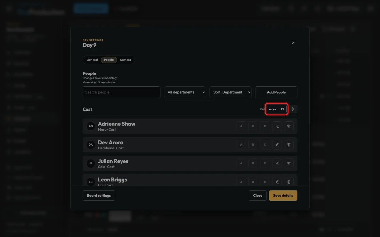 Day settings on the People tab with the crew and cast call times outlined