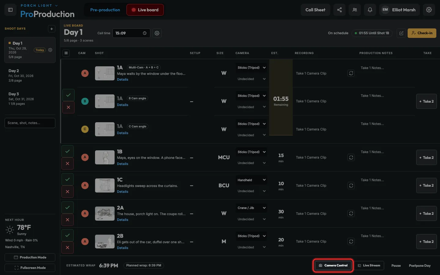The Live board’s bottom bar with Camera Control outlined