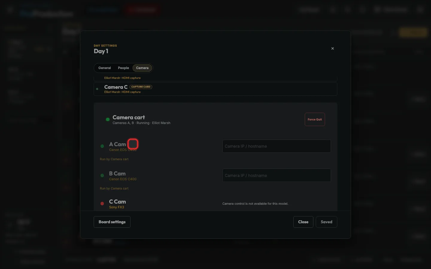 The camera list with the setup guide button outlined