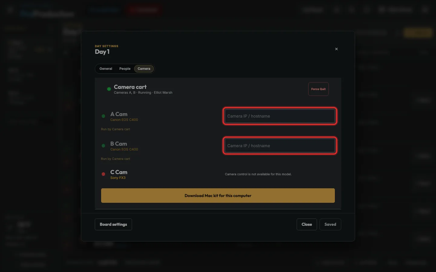The camera address fields outlined