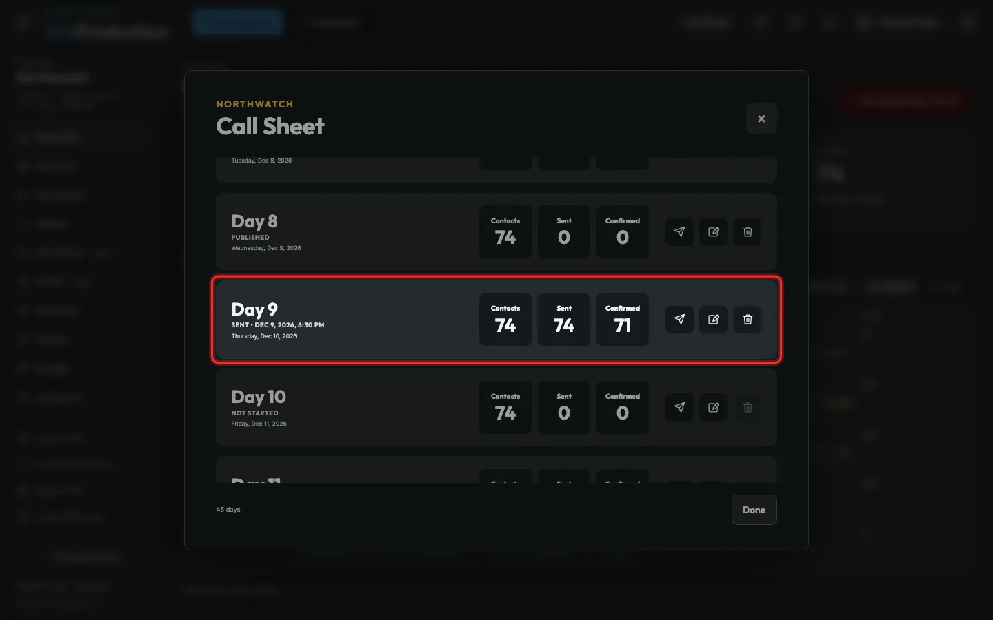 The list of call sheets with one day outlined
