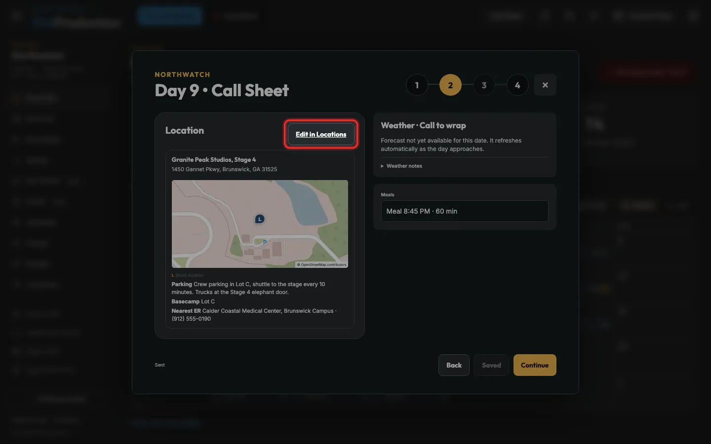 The Logistics step with Edit in Locations outlined