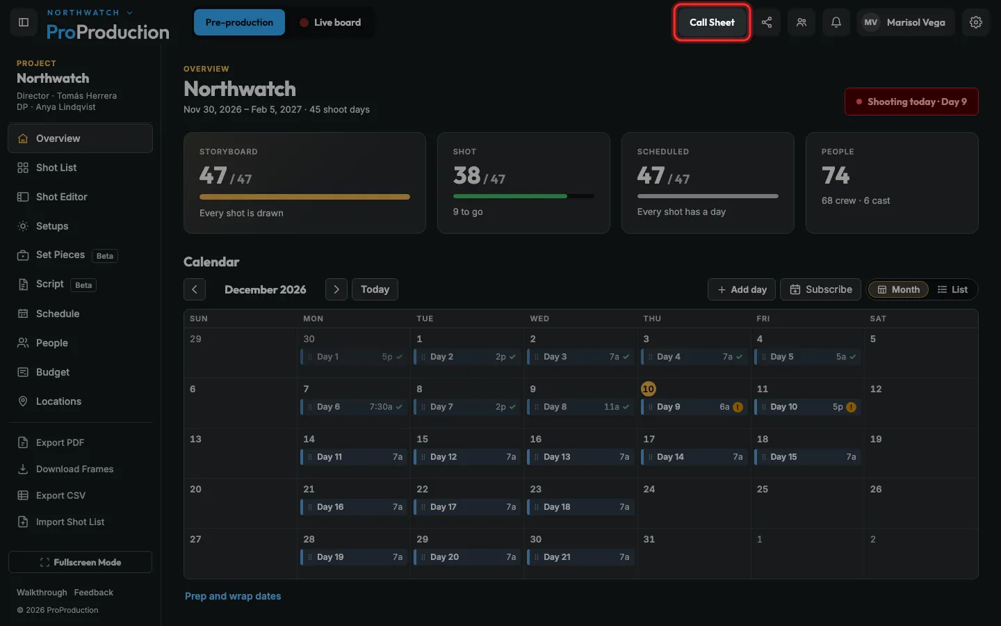 A project page with the Call Sheet button outlined