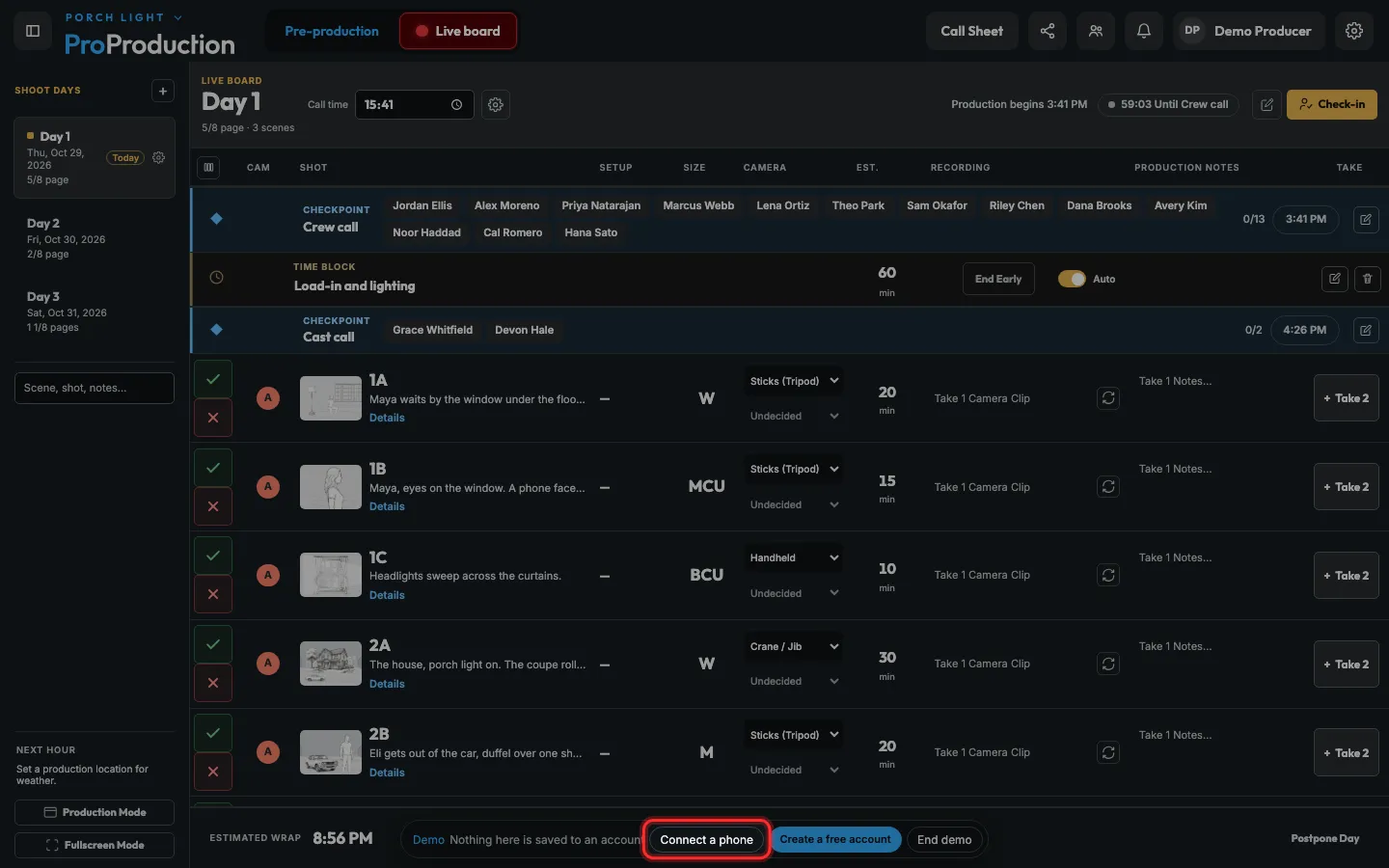 The demo’s live board with Connect a phone outlined