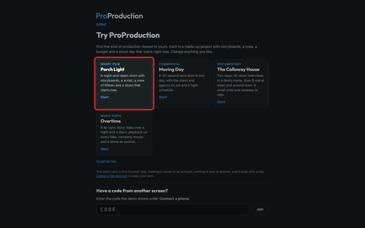 The demo’s start page with the first sample outlined