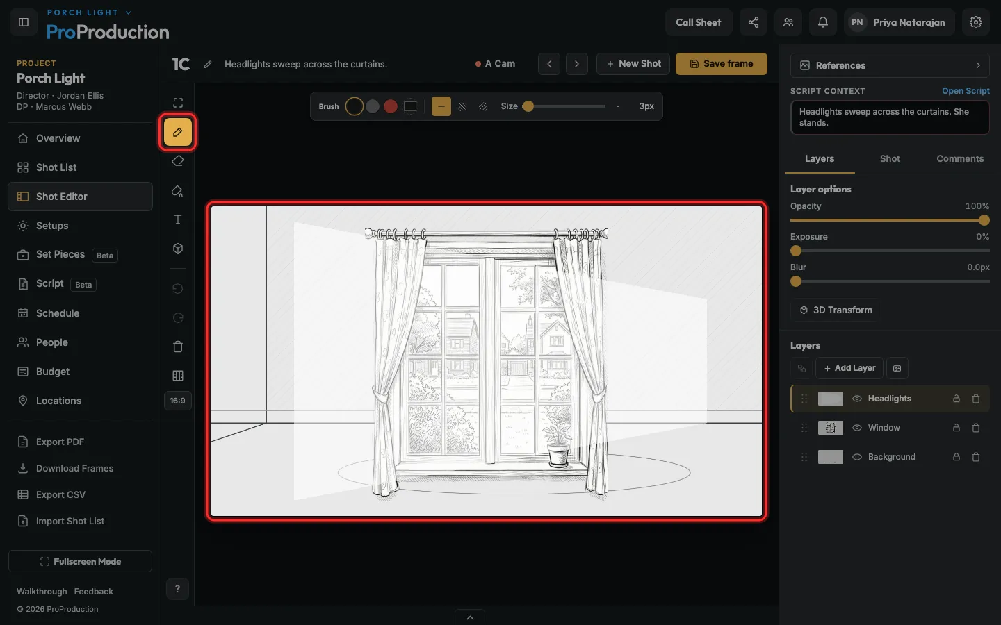 The Shot Editor with the brush tool outlined