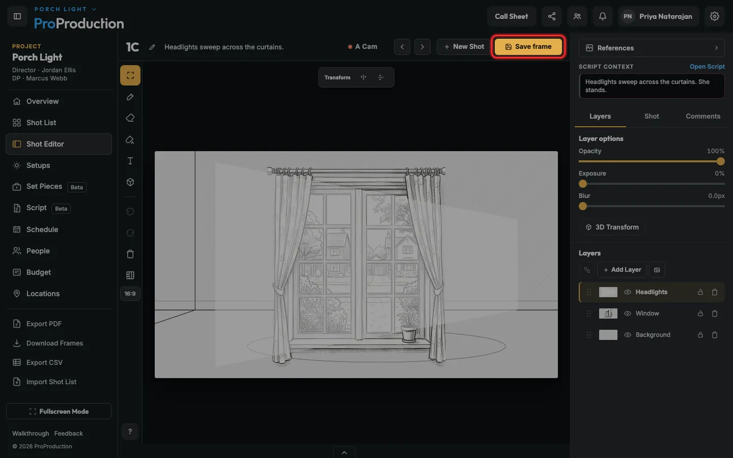 The Shot Editor’s top bar with Save frame outlined