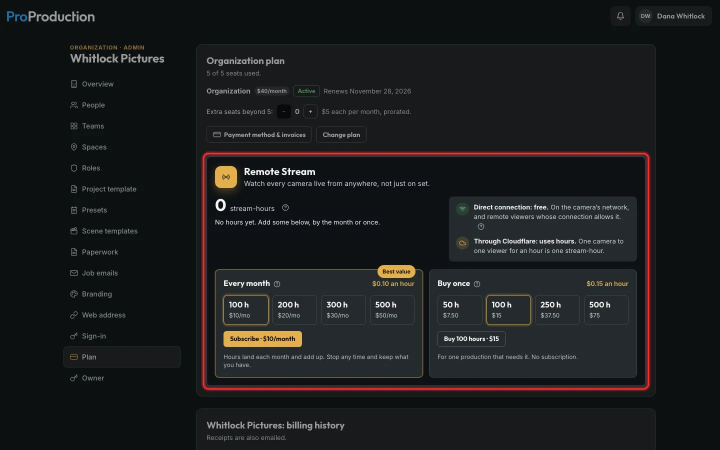 The Remote Stream card on the plan page outlined
