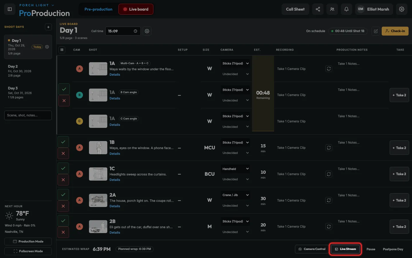 The Live board’s bottom bar with Live Stream outlined