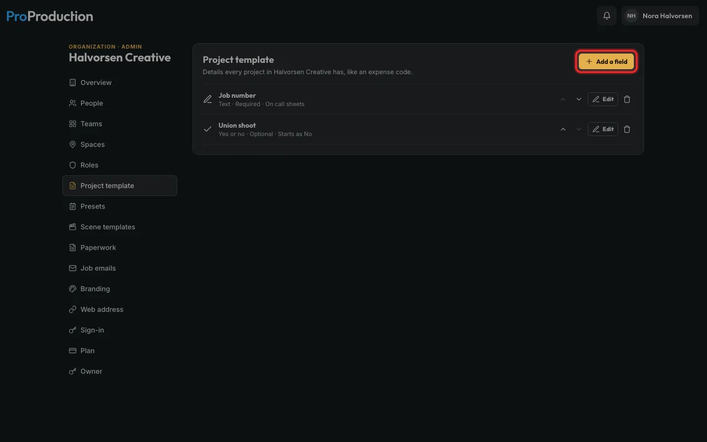 The Project template page with Add a field outlined