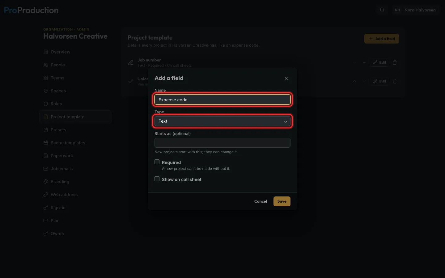 The Add a field dialog with its name and type outlined