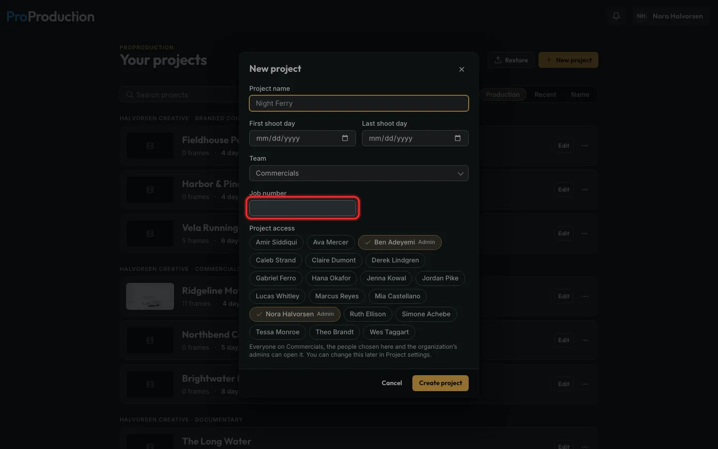 The New project dialog with the template’s fields outlined