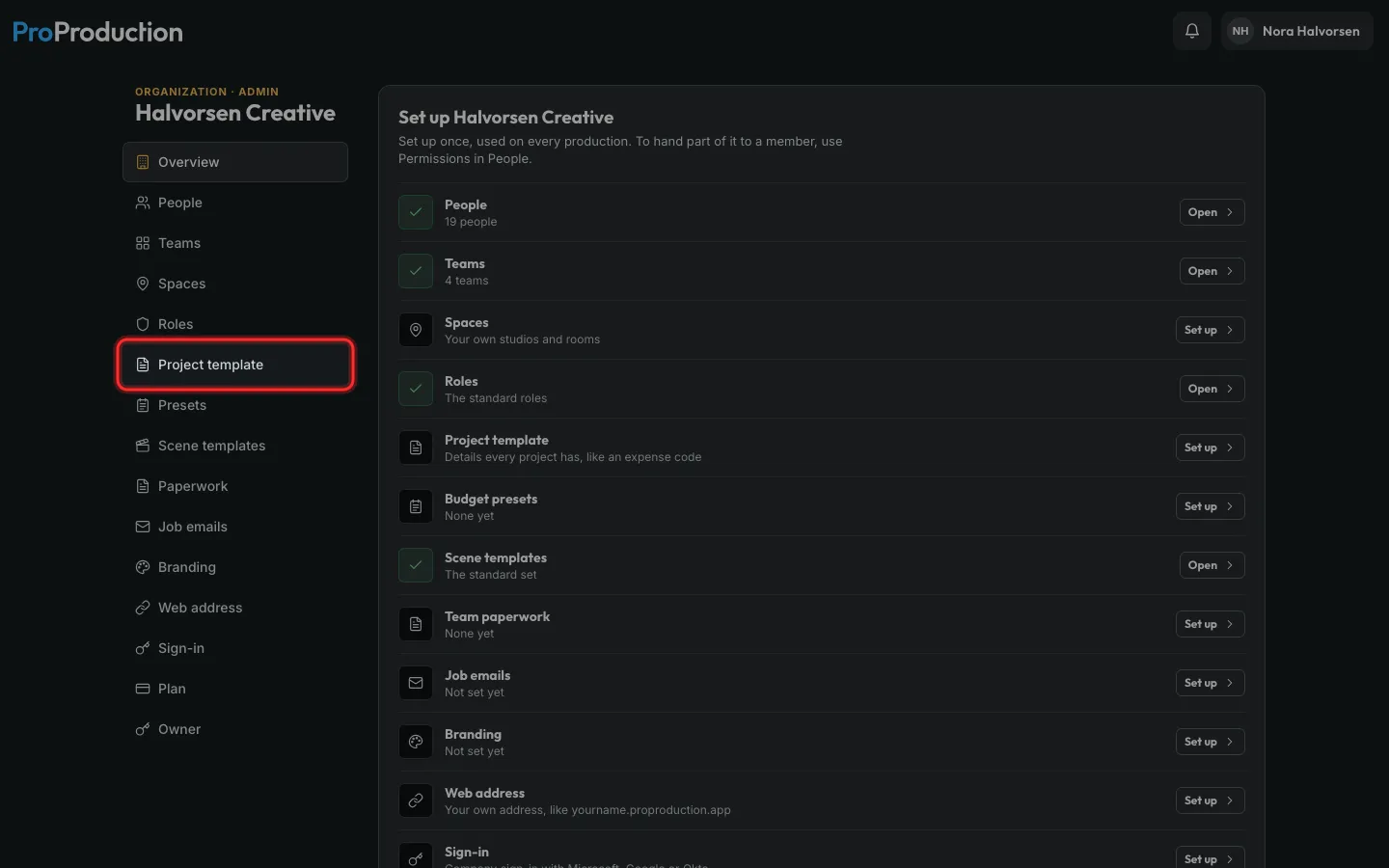 The Organization area with Project template outlined