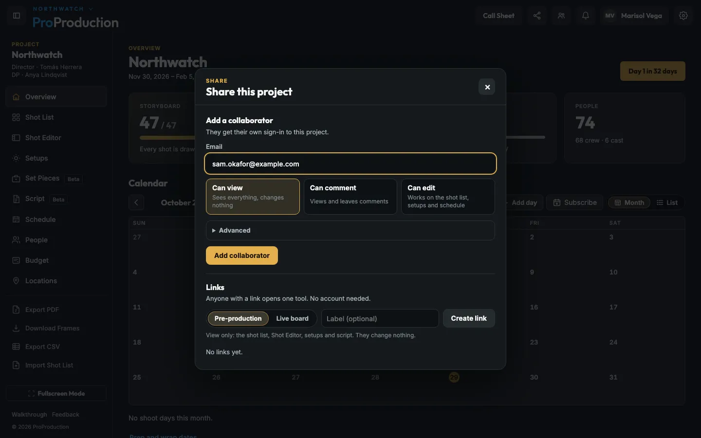 The Share this project dialog with the email field outlined