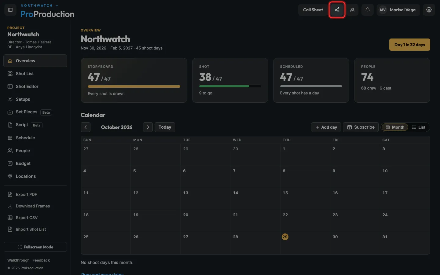 A project overview with the Share icon outlined