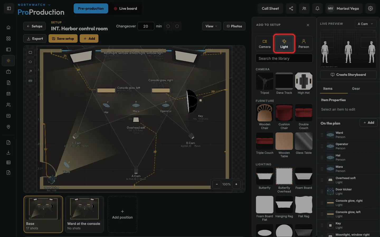 The Add to setup panel with Light outlined