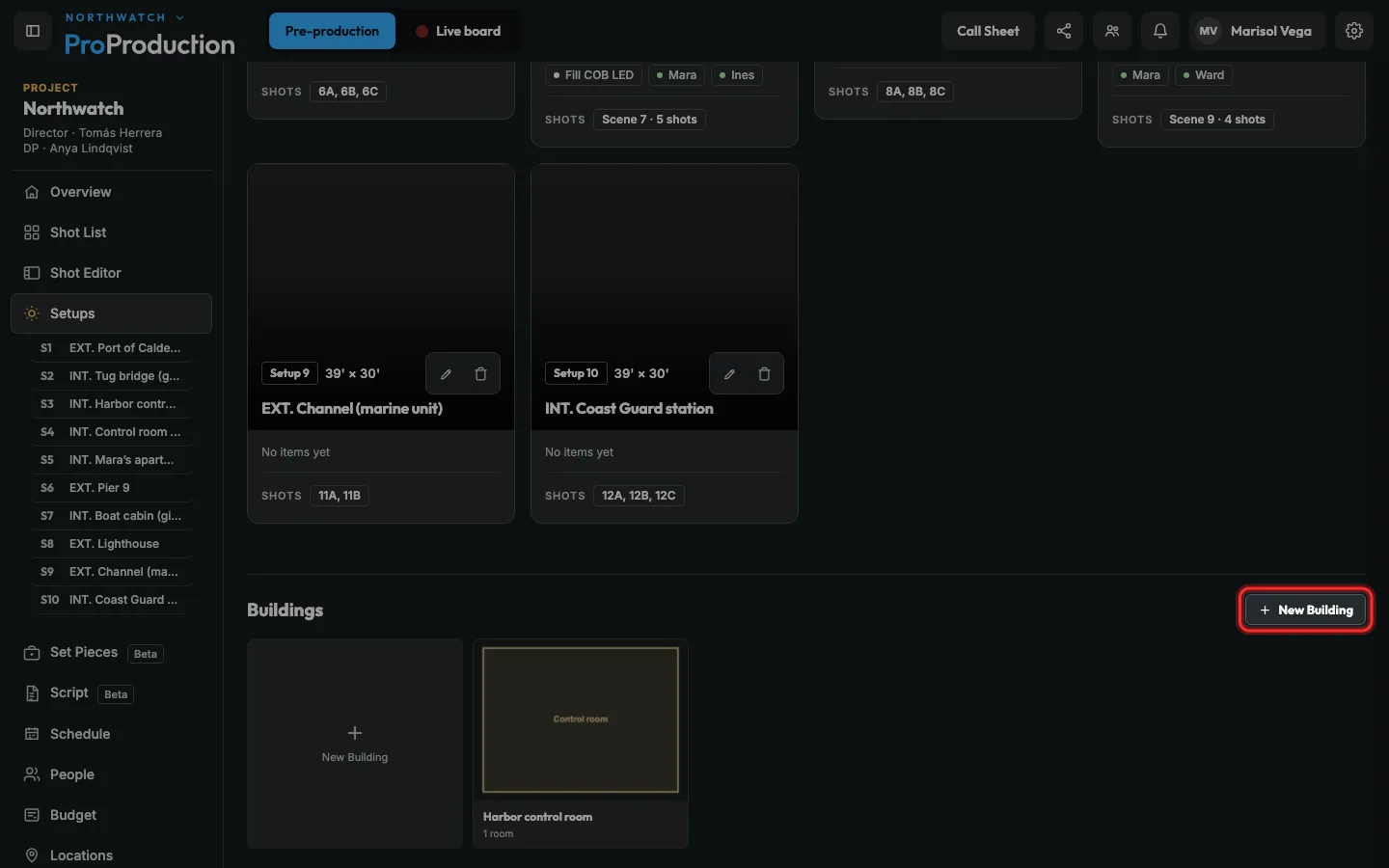 The Setups page with New Building outlined