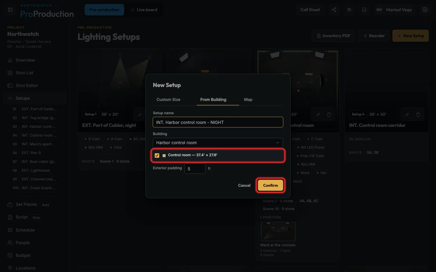 The New Setup dialog on From Building, with the room and Confirm outlined