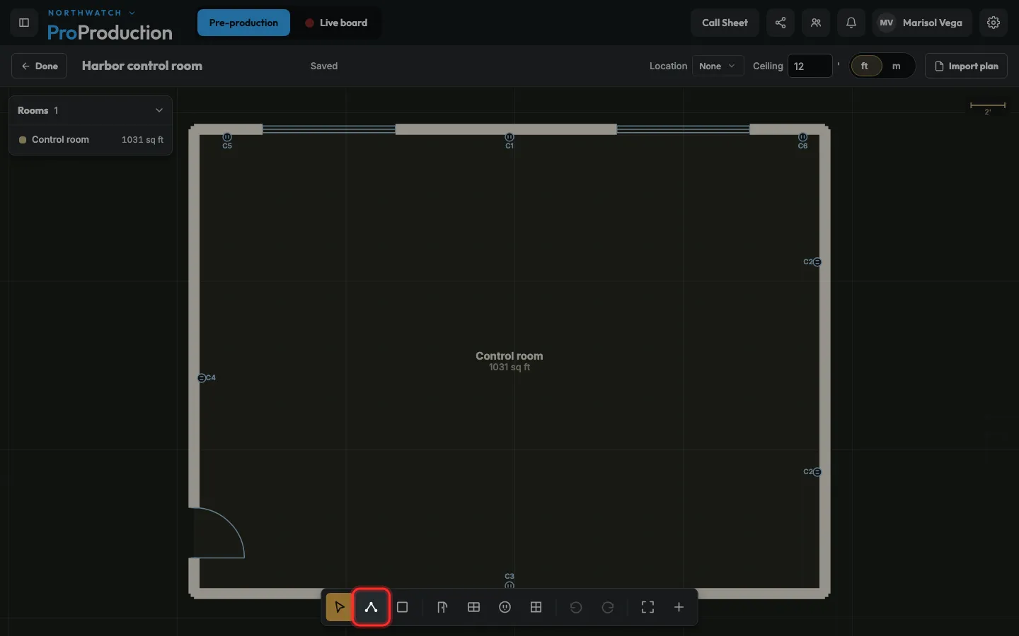 The building editor with Draw walls outlined