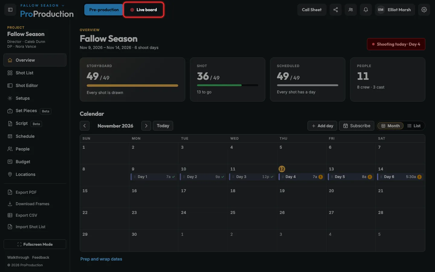 A project page with Live board outlined at the top