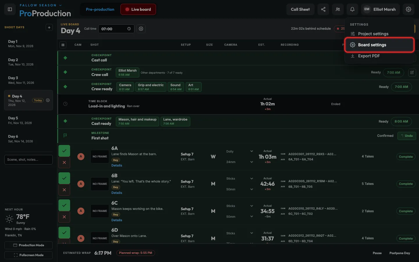 The settings menu with Board settings outlined