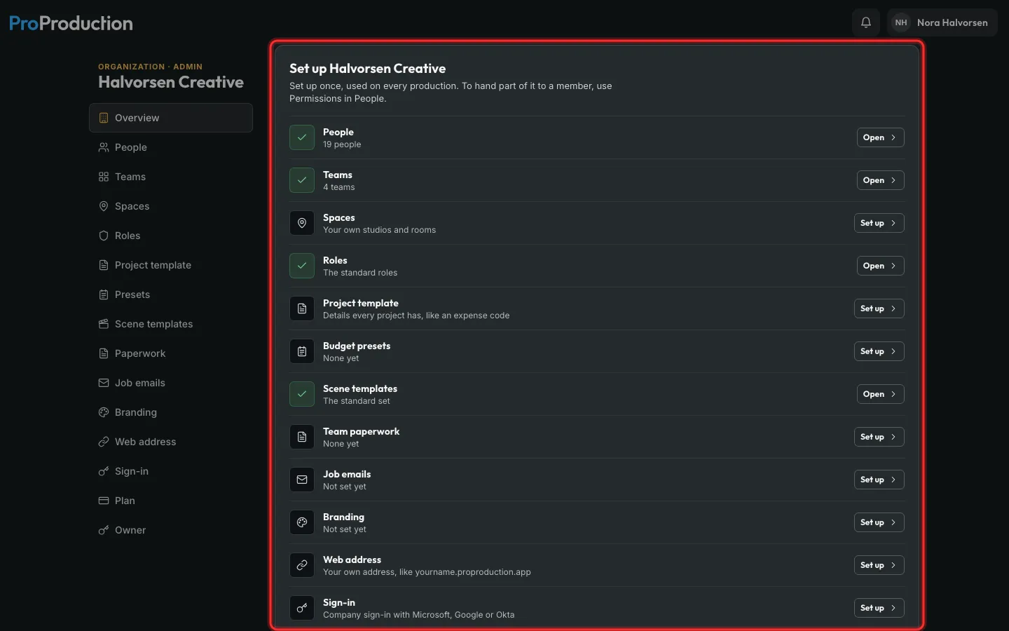 The Organization area’s setup checklist outlined