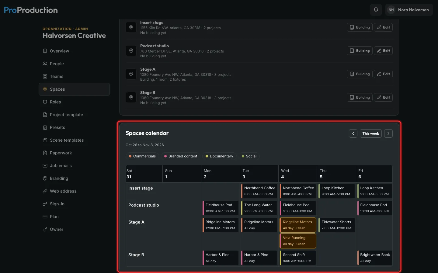 The Spaces calendar outlined