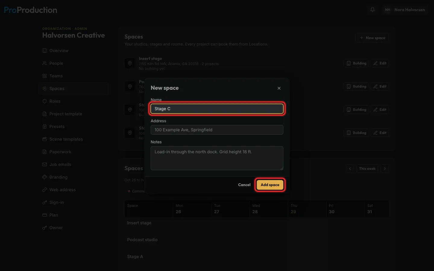 The New space dialog with its name and Add space outlined