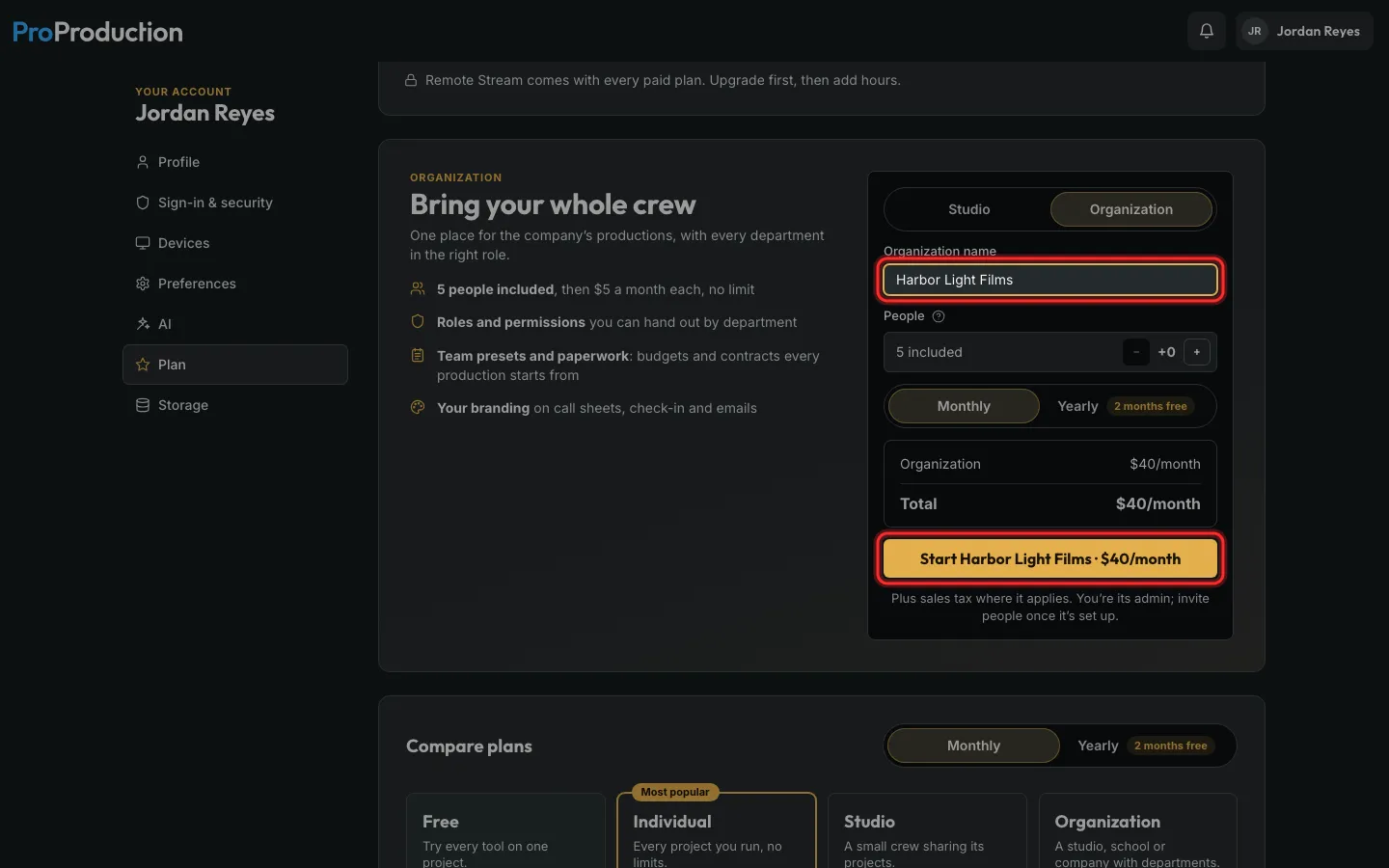 The start form with the organization’s name and Start button outlined