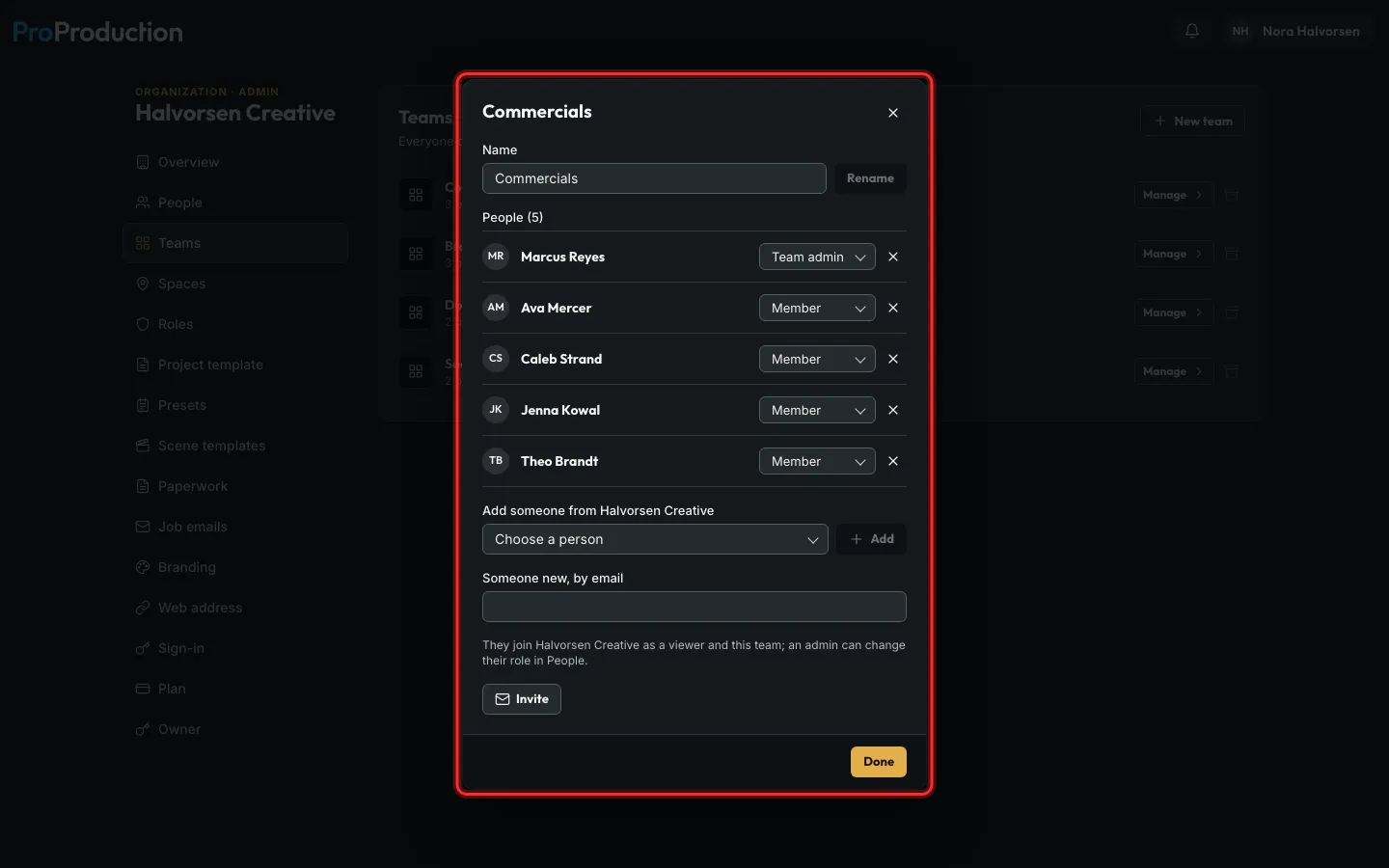 A team’s Manage dialog with its people and roles outlined