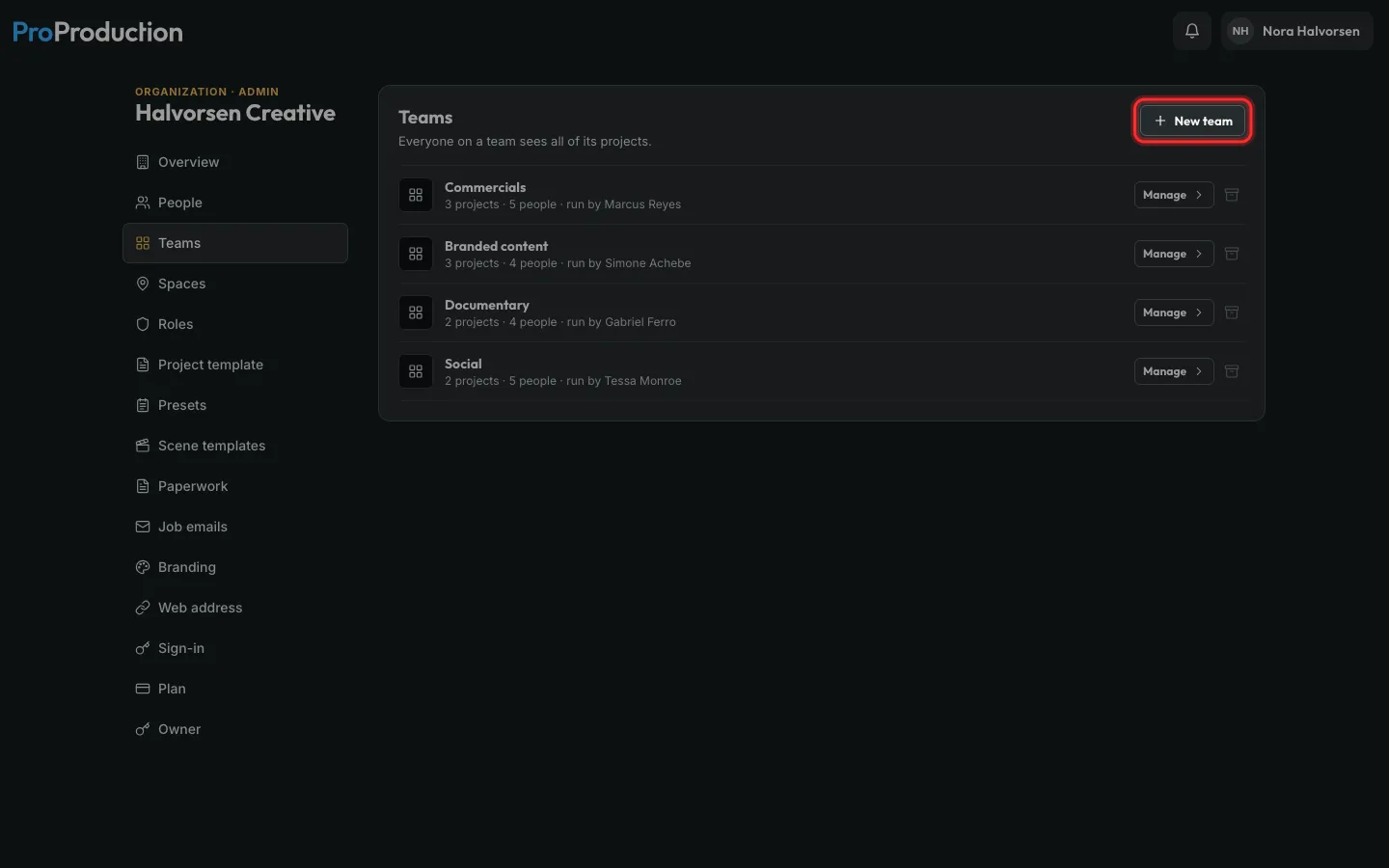The Teams page with New team outlined