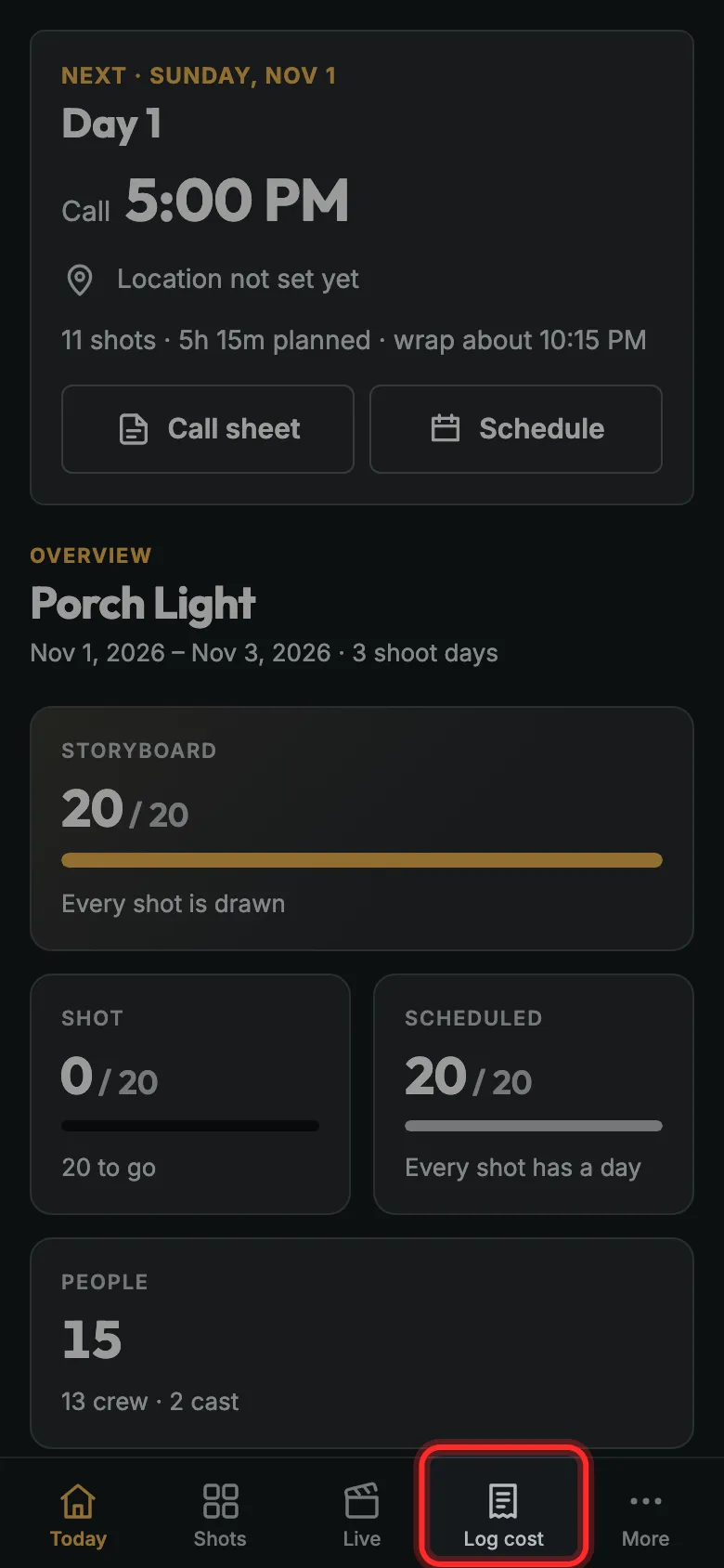 The phone app with Log cost outlined in the bottom bar