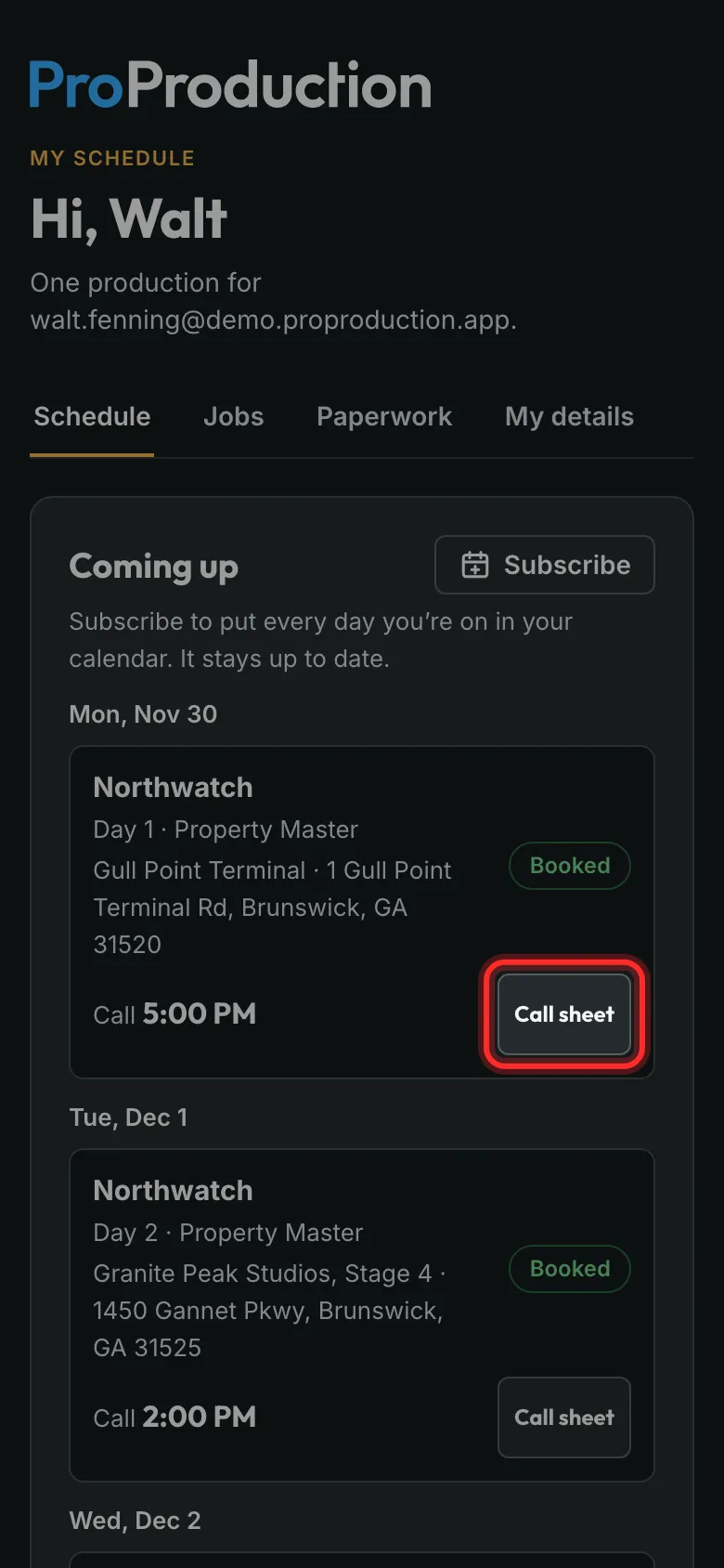 My schedule with a day and its Call sheet button outlined