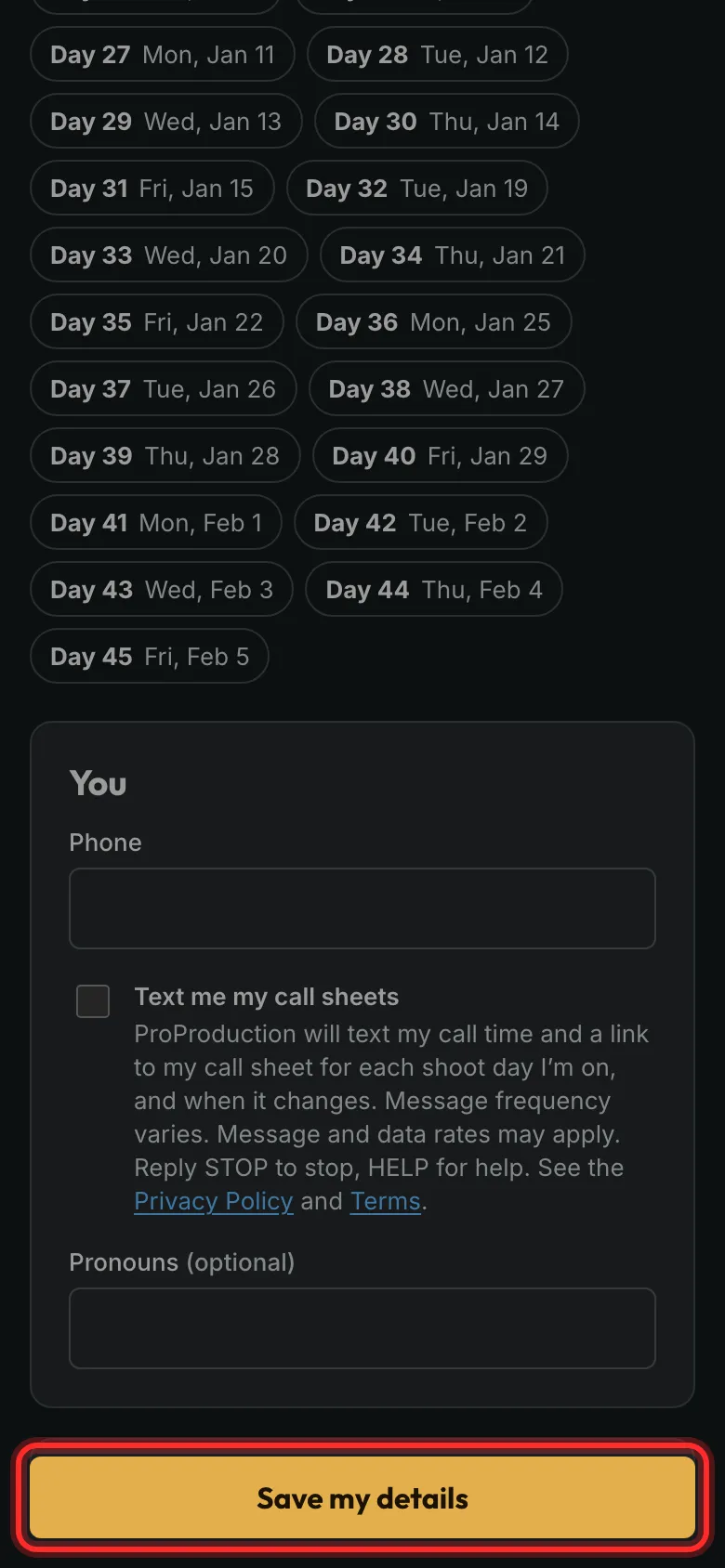 The details form with Save my details outlined