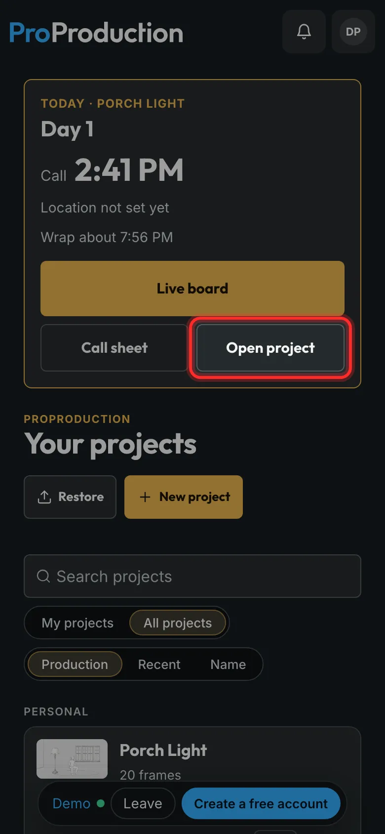 The phone joined to the demo with Open project outlined